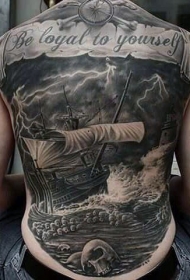 背部航海主题黑白帆船骷髅和字母纹身图案