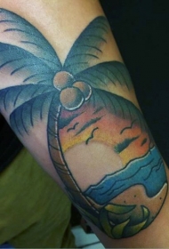 手臂old school彩色棕榈树与夕阳纹身图案