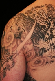 半甲惊人的黑白损坏城市纹身图案