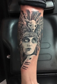 小臂阿兹特克部落女性肖像纹身图案