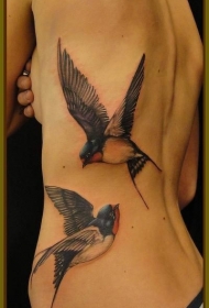 背部逼真的彩色燕子纹身图案