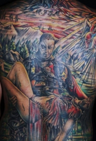 背部英雄救了怪物女孩彩色纹身图案