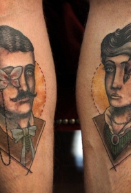 手臂超现实主义风格男人和女人肖像与鸟蝴蝶纹身图案