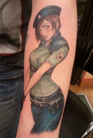 手臂卡通风格彩色的军事女生纹身图案