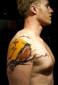 肩部水彩小鸟和树枝纹身图案