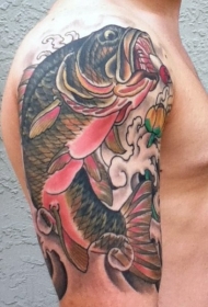 大臂亚洲风格设计多彩鲤鱼与花朵纹身图案