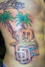 侧肋彩色的熊和椰子树字母纹身图案