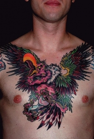 胸部彩色的鹰与沙漏纹身图案