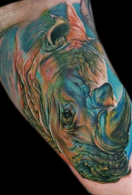 手臂上很酷的色彩犀牛纹身图案