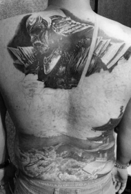 背部惊人的写实黑暗战士和房子纹身图案