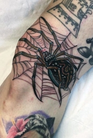 腿部膝盖爱的彩色蜘蛛纹身图案