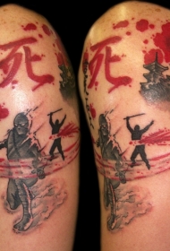 大臂亚洲主题色的血腥战斗与汉字纹身图案