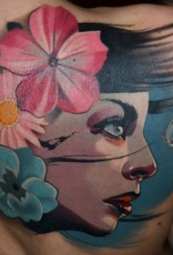 背部女人脸与五彩的花朵与蝴蝶纹身图案