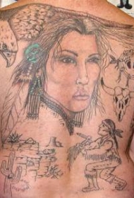 背部女孩和鹰与印第安人纹身图案
