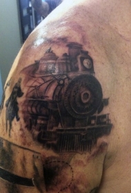 肩部很酷的火车与骑马牛仔纹身图案