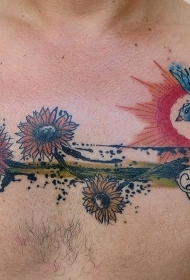 胸部华丽的水彩画风格野花小鸟纹身图案