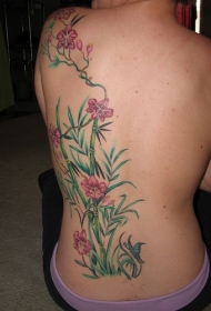 背部粉红花朵与竹子纹身图案