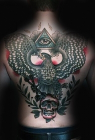 背部全彩色鹰与骷髅和眼睛植物纹身图案