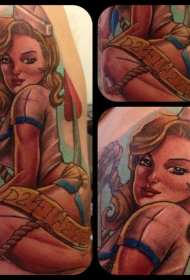 美丽的彩色性感女孩大腿纹身图案