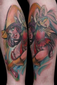卡通般的彩色美女与鹦鹉手臂纹身图案