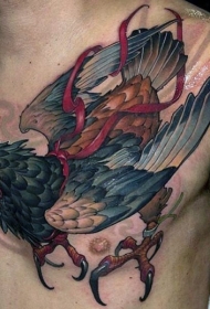 胸部new school彩色鸟和红色丝带纹身图案