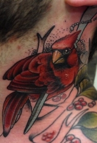 颈部美丽的红色鸟植物纹身图案