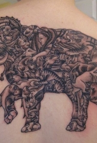 背部的黑灰大象轮廓与各种动物纹身图案