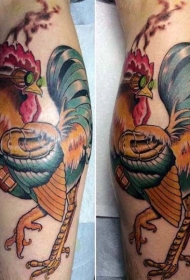 小腿彩色公鸡和眼镜纹身图案