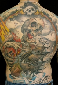 背部海盗骷髅和帆船彩绘纹身图案