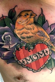 new school胸部彩色小鸟与玫瑰和心形纹身图案