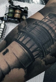手臂写实的精美黑色灯塔纹身图案