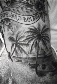 手臂海岸上的棕榈树字母黑色纹身图案
