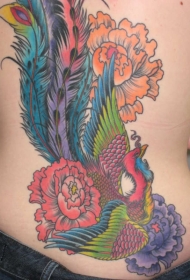 背部彩色凤凰与牡丹花纹身图案