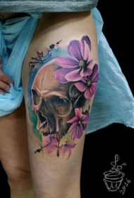 女生大腿美丽的彩色骷髅与紫色花朵纹身图案