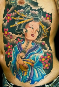 侧肋用刀自杀色的艺妓彩绘纹身图案