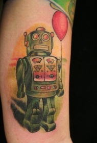 有趣的绿色机器人和红色气球手臂纹身图案