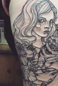 素描风格黑色线条女人与猫和花朵纹身图案