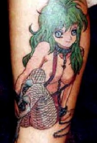小腿绿头发的动漫亚洲女孩纹身图案