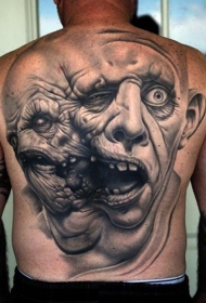 背部恐怖电影的黑灰双头怪物纹身图案
