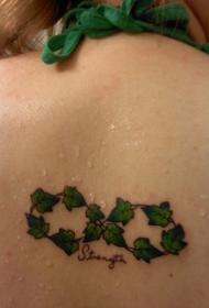 女生背部绿色的树叶藤蔓纹身图案