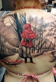 写实风格彩色小女孩在黑暗森林背部纹身图案