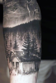 非常逼真的黑白乡村房屋手臂纹身图案