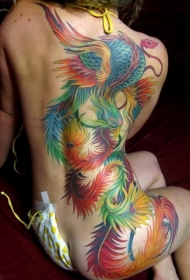 背部大面积精美的彩色凤凰纹身图案