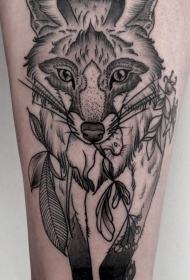 大腿雕刻风格黑色植物和狐狸纹身图案