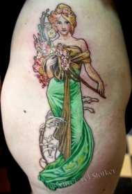 大腿彩绘漂亮的女人与鲜花纹身图案