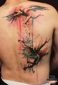 背部漂亮的彩色飞翔伊卡洛斯泼墨纹身图案