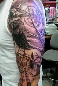 手臂黑暗的乌鸦和墓地纹身图案