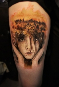 大腿插画风格可爱的女孩与森林纹身图案