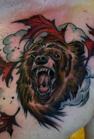 胸部漂亮的彩色大棕熊与枫叶纹身图案