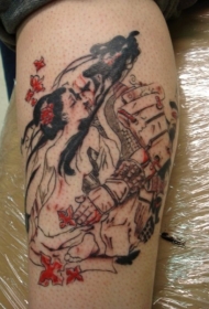 小腿彩绘的浪漫亚洲接吻情侣人像纹身图案